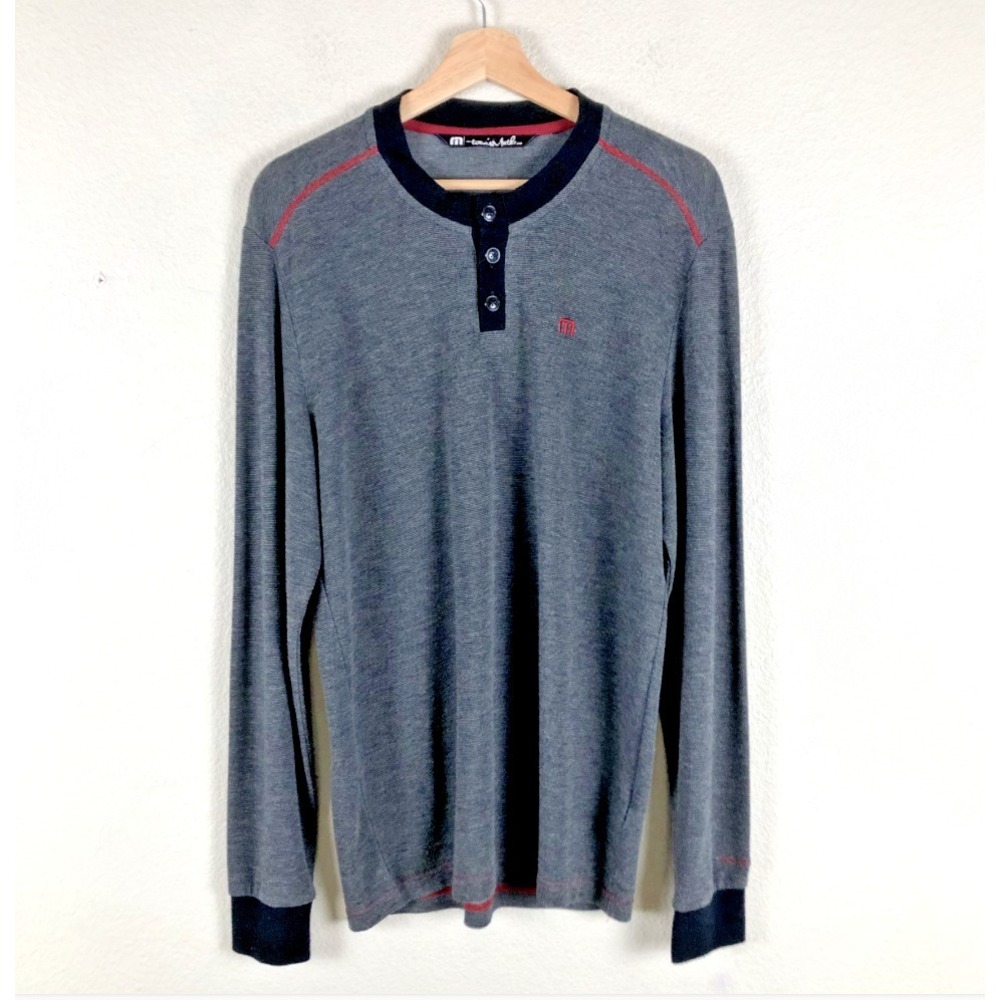 Travis Mathew Shirt‎ Mens Medium Gray Black Henley Long Sleeve Golf Stretch Knit